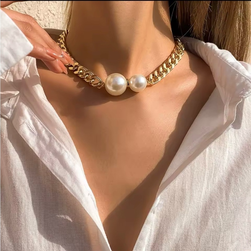 Cuban Link Pearl Choker Necklace Double Pearl Statement Chain Vintage Style
